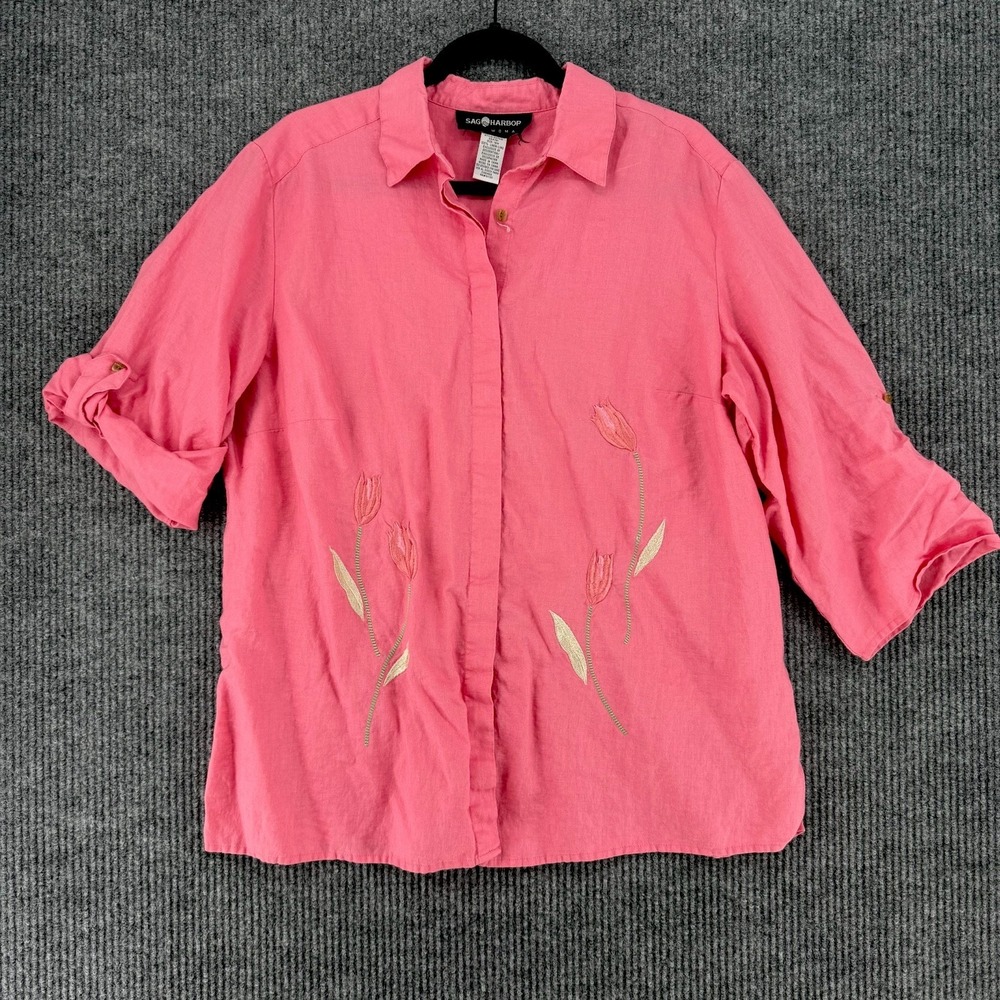 Vintage Sag Harbor 100% linen shirt embroidered pink tulip button up cottage 16